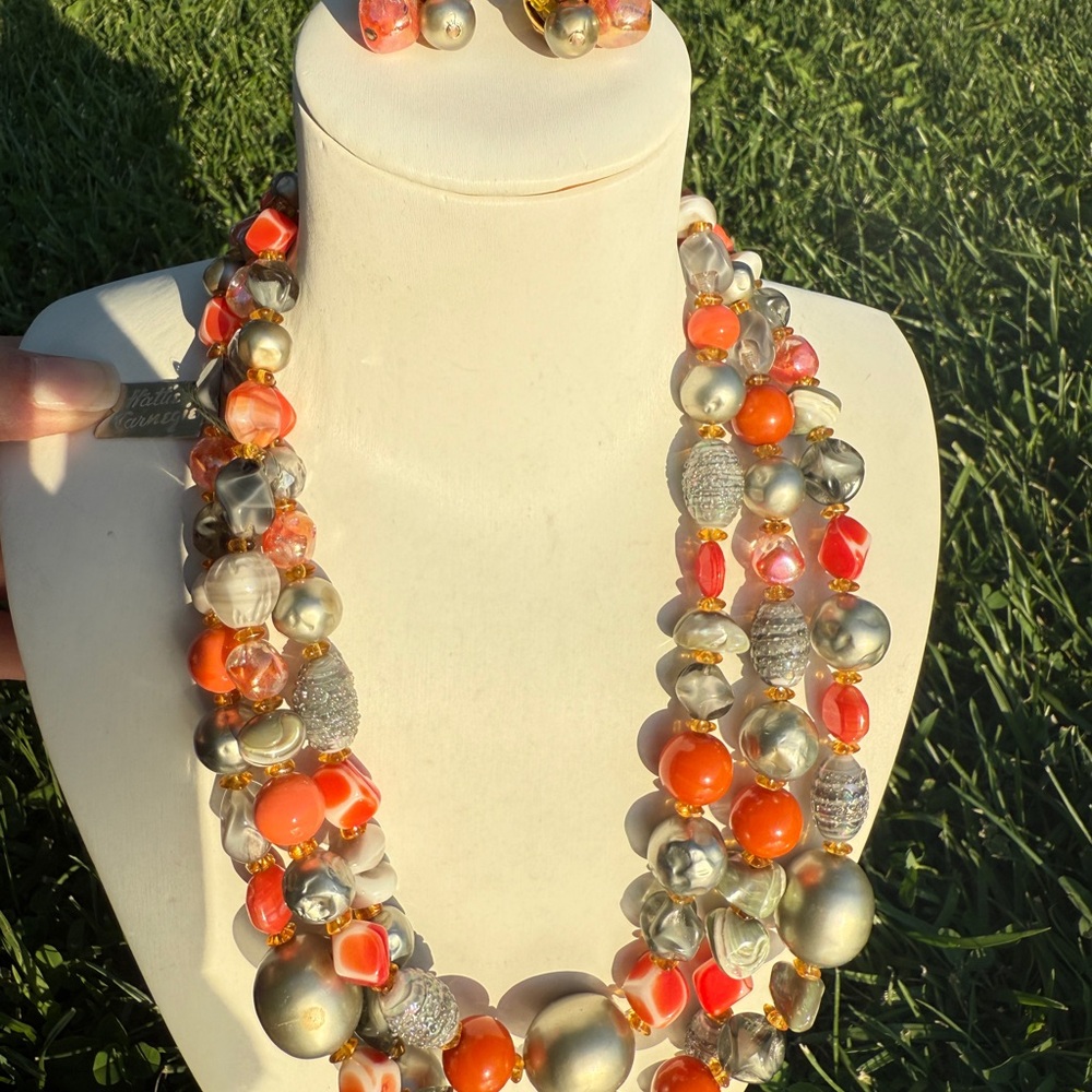 Hatti Carnegie Triple-Strand Orange and Silver Bead Statement Necklace